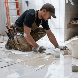 عامل يركب سيراميك أبيض