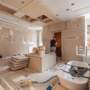 عامل يركب سيراميك أبيض للحمام